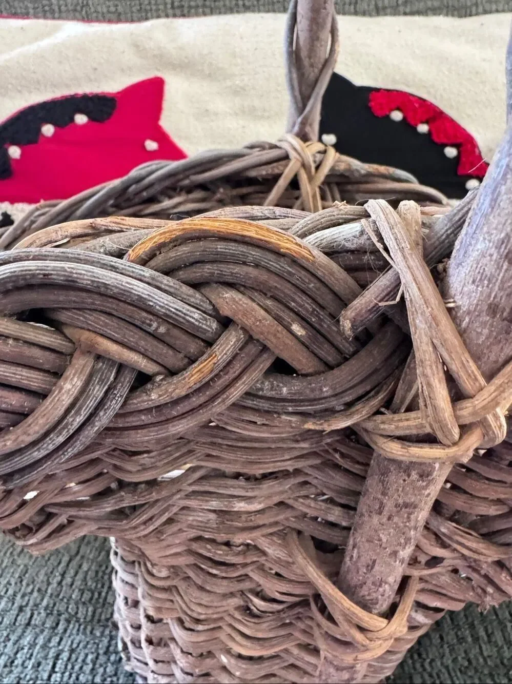 Woven hand basket with handle dark brown small size wooden feel cottage flared 9
